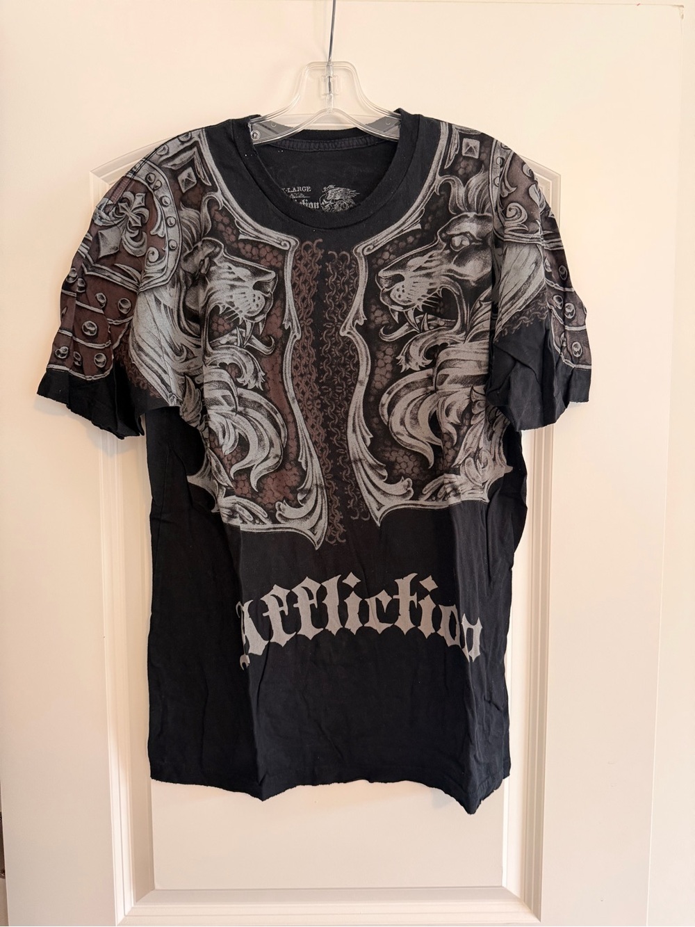 Affliction Black Tee with Gray Lion Crest and Ornamental Armor
